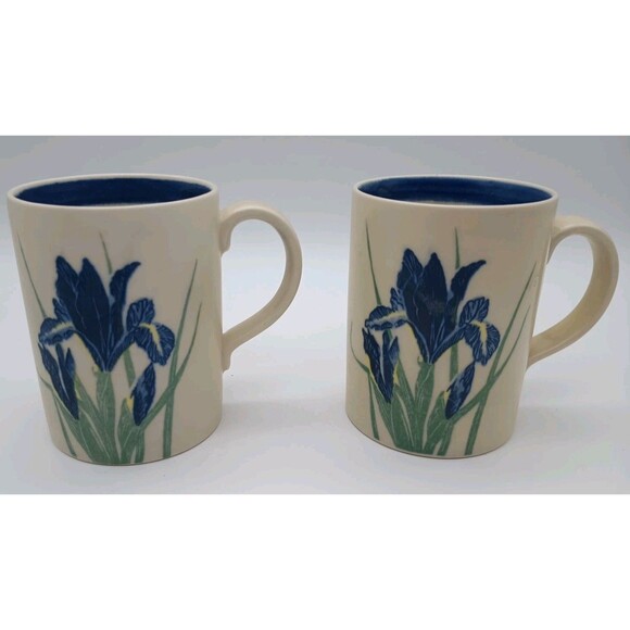 2 Otagiri Blue Iris Mugs Hand Painted Vtg Floral Flowers - Picture 1 of 6